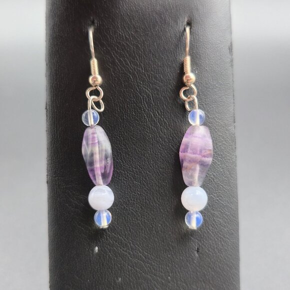 Jewelry - Silver Plated Fluorite And Agate Stones Dangle Earrings A6482